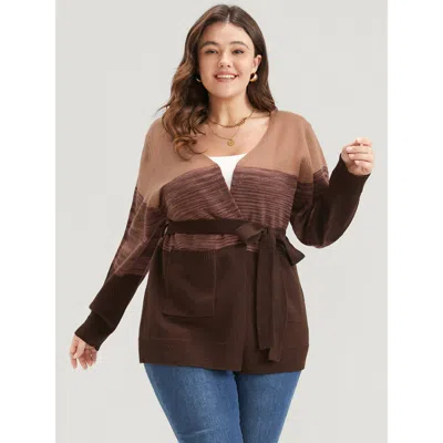 Bloomchic Women's Plus Size Colorblock Contrast Pointelle Knit Pocket Belted Open Front Cardigan Multicolor Lo