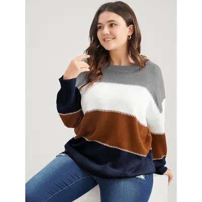 Bloomchic Women's Plus Size Colorblock Contrast Pointelle Knit Round Neck Knit Top Darkblue Colorblock Long Sl In Blue