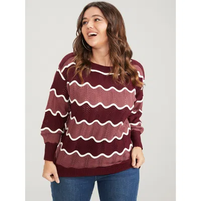 Bloomchic Women's Plus Size Colorblock Contrast Pointelle Knit Water Ripple Knit Top Scarlet Colorblock Long S In Red