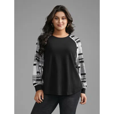 Bloomchic Women's Plus Size Colorblock Contrast Raglan Sleeve Sweatshirt Black Not Graphics Casual Round Neck 