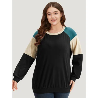Bloomchic Women's Plus Size Colorblock Contrast Raglan Sleeve Sweatshirt Black Plain Dailywear 10/m