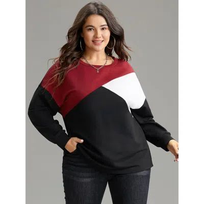 Bloomchic Women's Plus Size Colorblock Contrast Round Neck Drop Shoulder Sweatshirt Black Colorblock Dailywear