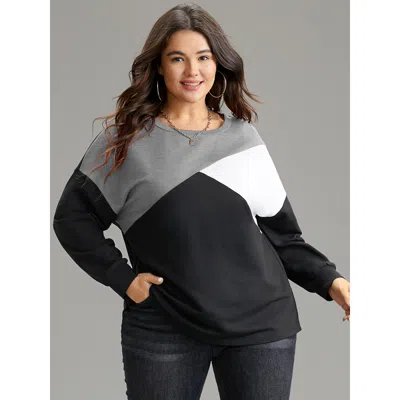 Bloomchic Women's Plus Size Colorblock Contrast Round Neck Drop Shoulder Sweatshirt Gray Colorblock Dailywear 