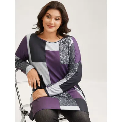 Bloomchic Women's Plus Size Colorblock Contrast Round Neck T-shirt Eggplant Geometric Casual Long Sleeve Boat  In Purple