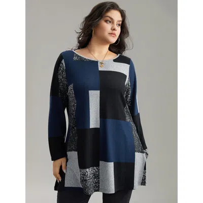 Bloomchic Women's Plus Size Colorblock Contrast Round Neck T-shirt Indigo Geometric Casual Long Sleeve Boat Ne In Purple