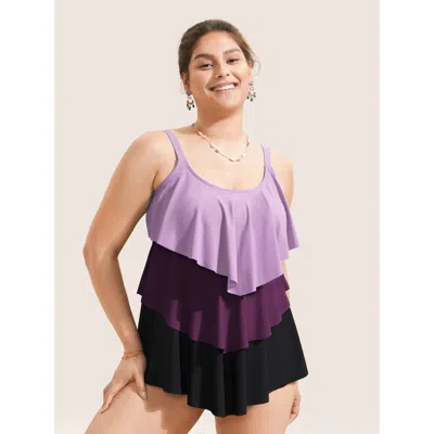 Bloomchic Women's Plus Size Colorblock Contrast Ruffle Layered Hem Tankini Top Lilac Geometric Sleeveless Non  In Purple