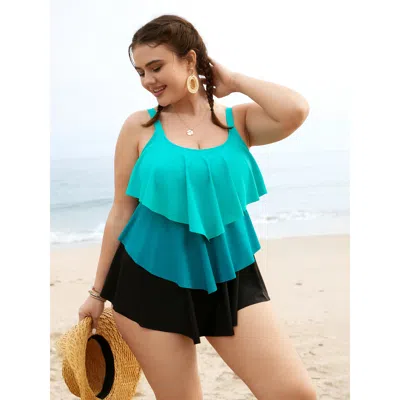 Bloomchic Women's Plus Size Colorblock Contrast Ruffle Layered Hem Tankini Top Turquoise Geometric Sleeveless  In Blue