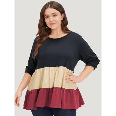 Bloomchic Women's Plus Size Colorblock Contrast Ruffle Layered Hem T-shirt Raspberry Long Sleeve Dailywear 10/ In Pink