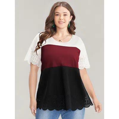 Bloomchic Women's Plus Size Colorblock Contrast Scalloped Trim Laser Cut Crew Neck T-shirt Burgundy Dailywear 