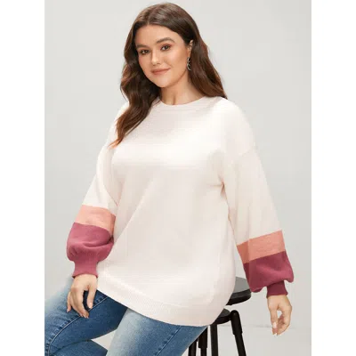 Bloomchic Women's Plus Size Colorblock Contrast Soft Pointelle Knit Lantern Sleeve Knit Top Ivory Colorblock L In White