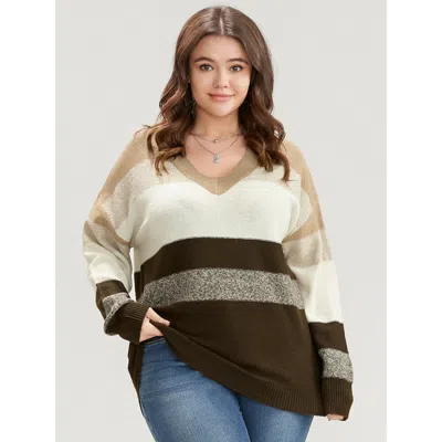 Bloomchic Women's Plus Size Colorblock Contrast Soft Sexy Yarn Knit Fluffy Knit Top Brown Colorblock Long Slee