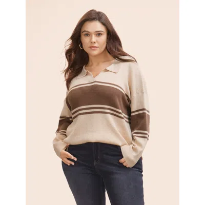 Bloomchic Women's Plus Size Colorblock Contrast Striped Polo Neck Pullover Beige Long Sleeve 12/l In Sand