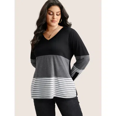 Bloomchic Women's Plus Size Colorblock Contrast Striped V Neck T-shirt Black Color Block Casual Long Sleeve V-