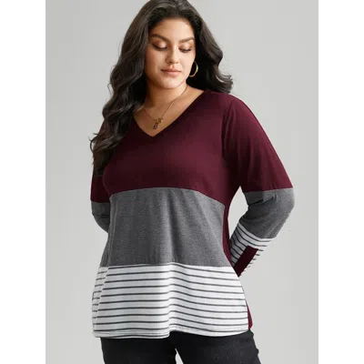 Bloomchic Women's Plus Size Colorblock Contrast Striped V Neck T-shirt Burgundy Color Block Casual Long Sleeve