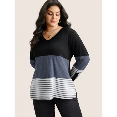 Bloomchic Women's Plus Size Colorblock Contrast Striped V Neck T-shirt Indigo Color Block Casual Long Sleeve V In Purple