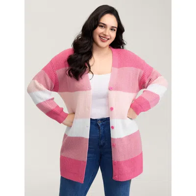 Bloomchic Women's Plus Size Colorblock Contrast Texture Button Cardigan Crepe Long Sleeve V-neck 14-16/1x