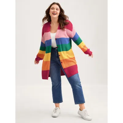 Bloomchic Women's Plus Size Colorblock Contrast Texture Button Cardigan Multicolor Long Sleeve V-neck 14-16/1x