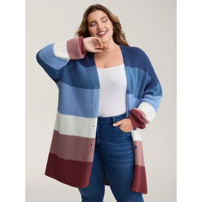 Bloomchic Women's Plus Size Colorblock Contrast Texture Button Cardigan Russet Long Sleeve V-neck 18-20/2x In Brown