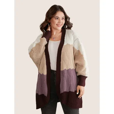 Bloomchic Women's Plus Size Colorblock Contrast Texture Dolman Sleeve Cardigan Burgundy Long Sleeve 10/m