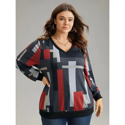 Bloomchic Women's Plus Size Colorblock Contrast V Neck Rib Knit Sweatshirt Dimgray Colorblock Dailywear 10/m