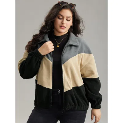 Bloomchic Women's Plus Size Colorblock Contrast Zipper Drop Shoulder Jacket Gray Elastic Cuffs 18-20/2x