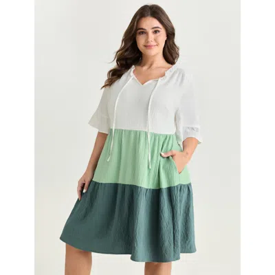 Bloomchic Women's Plus Size Colorblock Drawstring Neckline Tiered Mini Dress Darkslategray Solid Knee Length C