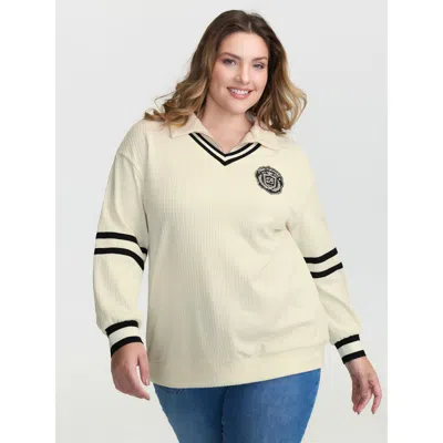 Bloomchic Women's Plus Size Colorblock Embroidery Zipper Sweatshirt Ivory Casual 10/m In White