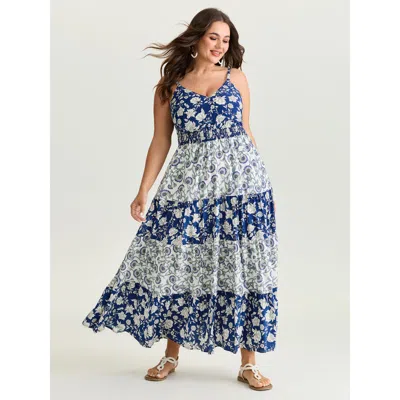 Bloomchic Women's Plus Size Colorblock Floral Print Tiered Maxi Dress Mediumblue Ditsy Floral Maxi Vacation Pa