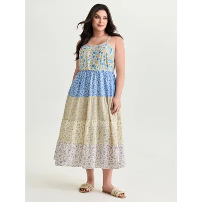Bloomchic Women's Plus Size Colorblock Floral Print Tiered Maxi Dress Multicolor Ditsy Floral Maxi Casual Gath