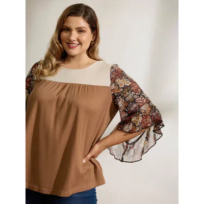 Bloomchic Women's Plus Size Colorblock Floral Sleeve Flowy Knit Top Multicolor 3/4 Sleeve Casual 12/l
