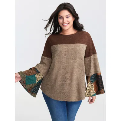 Bloomchic Women's Plus Size Colorblock Floral Spliced T-shirt Browncoffeecolor Solid Casual Long Sleeve Round 