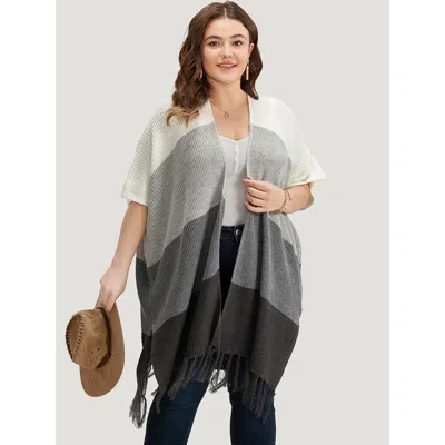Bloomchic Women's Plus Size Colorblock Fringe Trim Batwing Sleeve Split Side Cardigan Multicolor Short Sleeve 