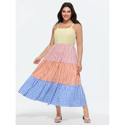 Bloomchic Women's Plus Size Colorblock Gingham Print Tiered Maxi Dress Multicolor Plaid Maxi Casual Colorblock