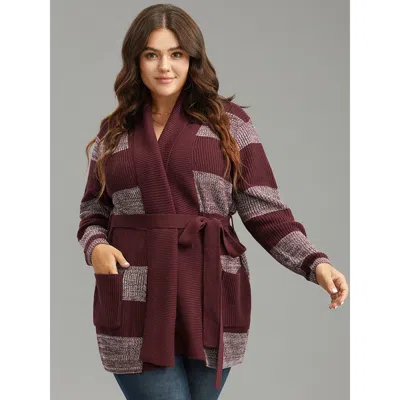 Bloomchic Women's Plus Size Colorblock Heather Belted Pocket Cardigan Burgundy Long Sleeve 28/5x