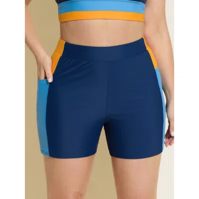 Bloomchic Women's Plus Size Colorblock High-waisted Swim Bottoms Indigo Color Block Cropped Colorblock Elastic In Purple