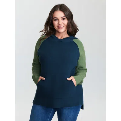Bloomchic Women's Plus Size Colorblock Hooded Raglan Sleeve Pullover Cyan Not Graphics Long Sleeve Hooded Neck In Blue