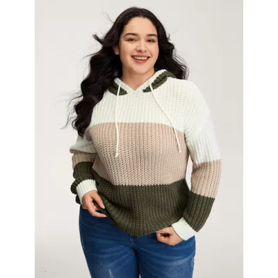 Bloomchic Women's Plus Size Colorblock Hooded Textured Pullover Armygreen Long Sleeve 18-20/2x
