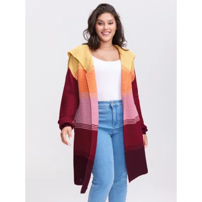 Bloomchic Women's Plus Size Colorblock Lapel Collar Knit Cardigan Deepred Long Sleeve 18-20/2x In Red