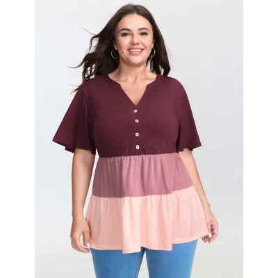 Bloomchic Women's Plus Size Colorblock Notched Collar Tiered T-shirt Multicolor Geometric Casual Short Sleeve 