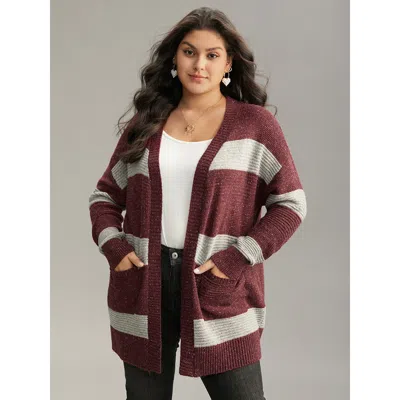 Bloomchic Women's Plus Size Colorblock Patched Pocket Open Front Cardigan Burgundy Long Sleeve 12/l