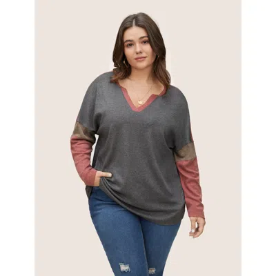 Bloomchic Women's Plus Size Colorblock Patchwork Batwing Sleeve Notched T-shirt Gray Non Everyday Long Sleeve 