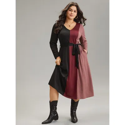 Bloomchic Women's Plus Size Colorblock Patchwork Belted Pocket Long Sleeve Dress Multicolor Dailywear Belted 1