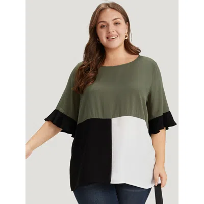 Bloomchic Women's Plus Size Colorblock Patchwork Flutter Half Sleeve Blouse Multicolor Office Half Sleeve 10/m