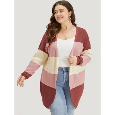 Bloomchic Women's Plus Size Colorblock Patchwork Patched Pocket Elastic Cuffs Cardigan Russet Long Sleeve 18-2 In Brown