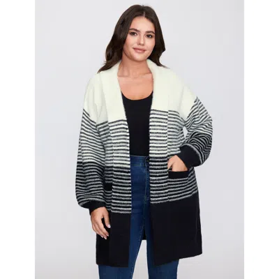 Bloomchic Women's Plus Size Colorblock Pockets Folded Collar Knit Cardigan Black Long Sleeve 10/m