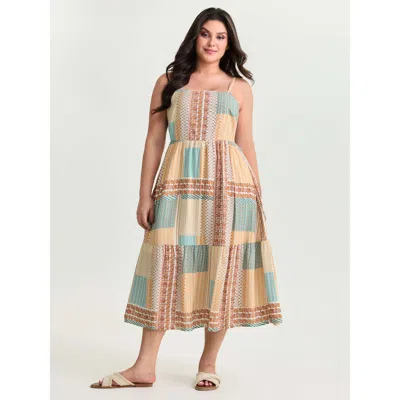 Bloomchic Women's Plus Size Colorblock Print Tiered Cami Midi Dress Multicolor Color Block Maxi Casual Gathere
