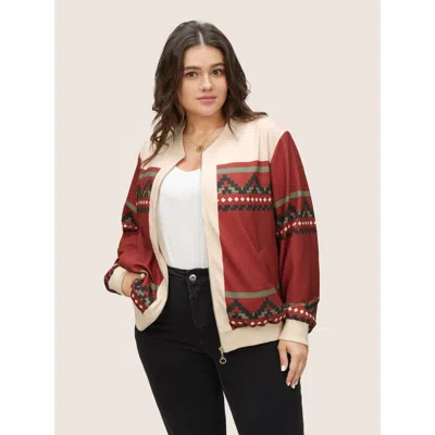 Bloomchic Women's Plus Size Colorblock Rib Knit Pocket Zipper Fly Jacket Scarlet Non 10/m In Red