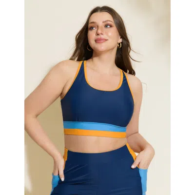 Bloomchic Women's Plus Size Colorblock Round Neck Bikini Top Indigo Color Block Colorblock 12/l In Purple