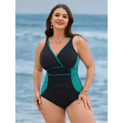 Bloomchic Women's Plus Size Colorblock Ruched Tummy-control One-piece Swimsuit Black Geometric Gathered Adapti