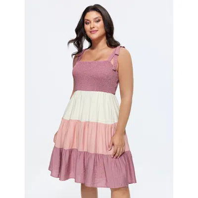 Bloomchic Women's Plus Size Colorblock Shirred Bodice Tiered Mini Dress Lilac Color Block Midi Casual Lace-up  In Purple